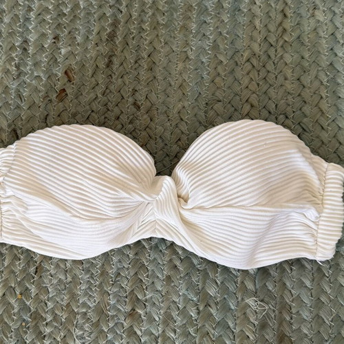 White Ribbed Bandeau Bikini Top used, strapless, adjustable back