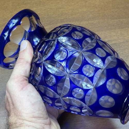 Vintage handmade ultramarine blue glass vase with geometric optical art