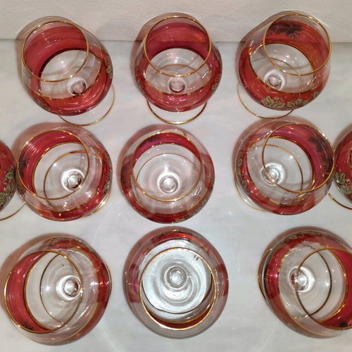 Cognac glasses used, pack of 11, red with gold and green design
