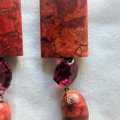 Vintage handmade boho earrings with natural Apple Coral and brass