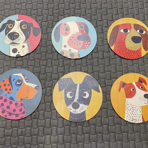 Wooden coasters set of 6 with dog designs new