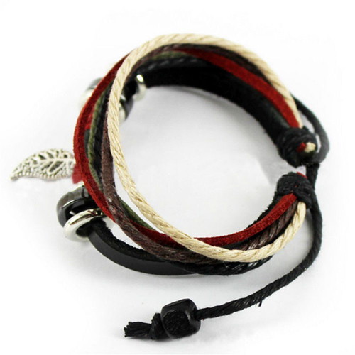 Unisex Handmade Leather Boho Bracelet with Metal Leaf like new