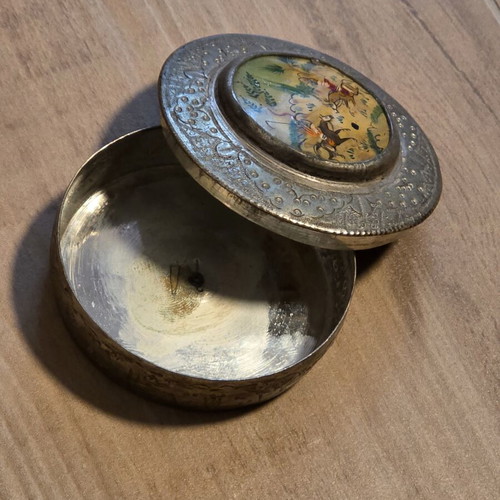 Vintage Persian Handmade Metal Jewelry Box used with Handpainted Mother of Pearl Miniature