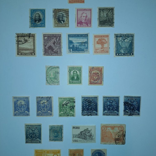 Stamps from Bolivia Chile Colombia Peru Venezuela used, 26 pieces 1882-1959