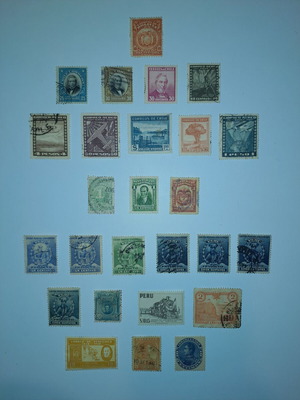Stamps from Bolivia Chile Colombia Peru Venezuela used, 26 pieces 1882-1959