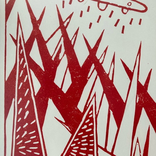 Linocut geometric shapes and UFO on 300g paper, new