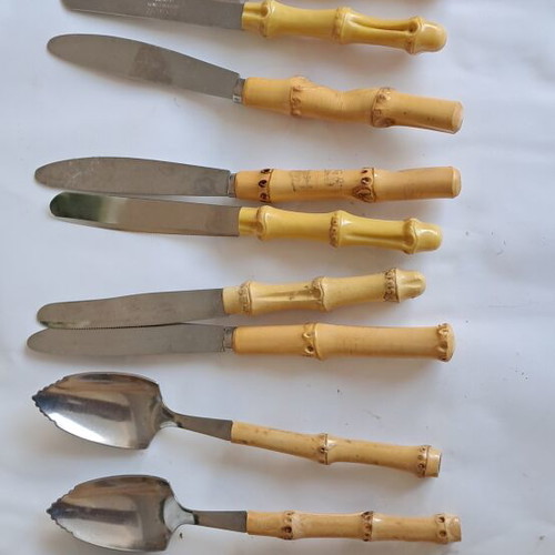 Vintage German knives set with bamboo case and Japanese spoons, like new