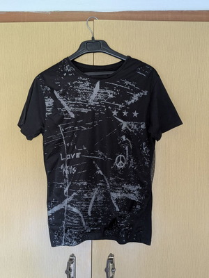 Alt Style Black T-shirt with Mesh and Print, Like New, Size M
