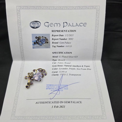Vintage Brooch with Natural Amethyst & Topaz 13.95ct, Silver 925 Gold Plated