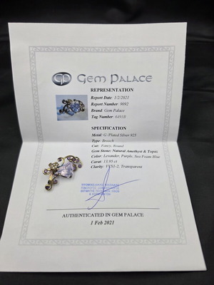 Vintage Brooch with Natural Amethyst & Topaz 13.95ct, Silver 925 Gold Plated
