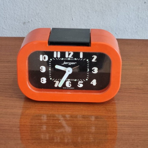 Jerger bright orange 70s alarm clock used, analog tabletop