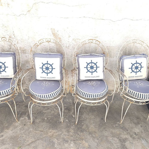 Fer Forje Set with Sofa used, 4 Chairs with Cushions, 1 Table, 1 Two-Seater Sofa
