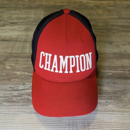 Champion mesh baseball cap used, red and navy blue adjustable hat