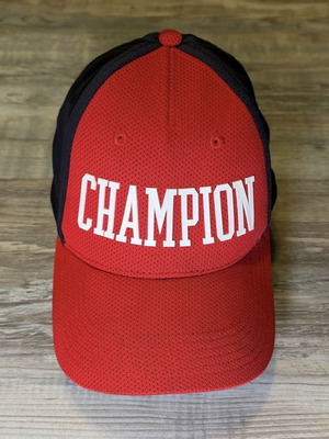 Champion mesh baseball cap used, red and navy blue adjustable hat