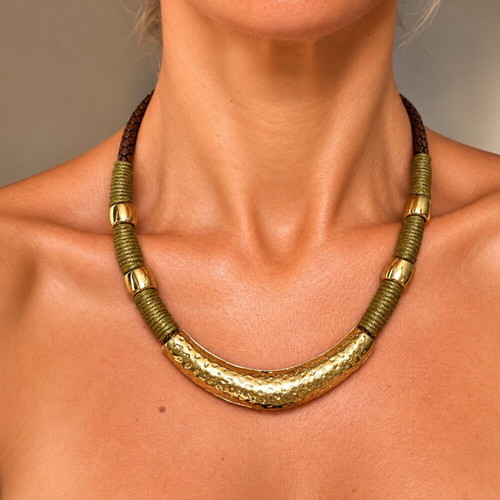 Statement necklace with gold metal element like new