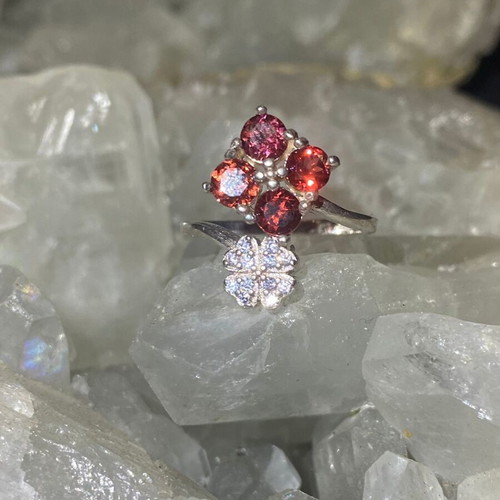 Silver ring with natural red garnet and moissanites, new