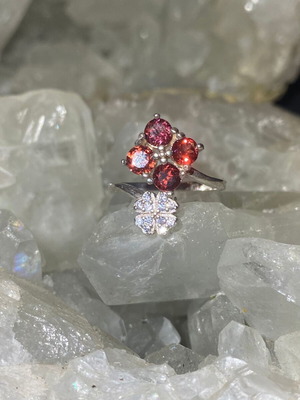 Silver ring with natural red garnet and moissanites, new
