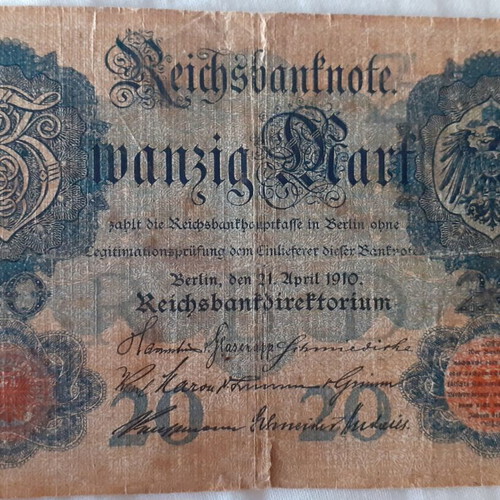 German 20 Mark banknote used, 1910 Reichsbanknote Berlin