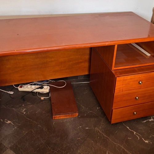 Wooden desk used with built-in shelf and three drawers