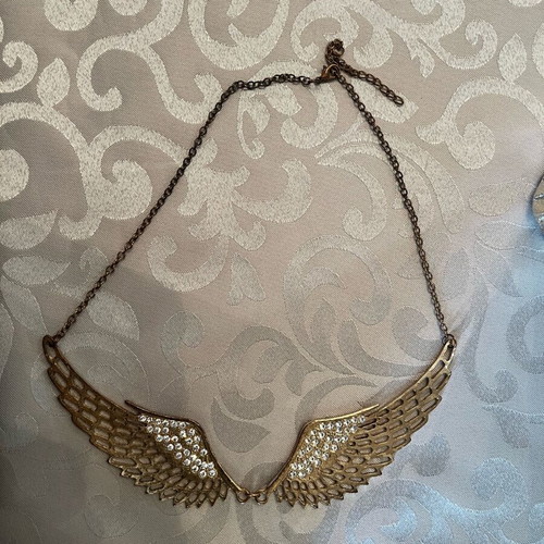 Necklace with feathers used, gold tone with rhinestones