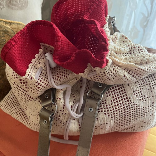 Handmade bag with leather handles, new, white and beige