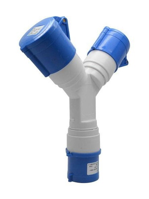 Industrial 3-pin adapter 220 V with 2 sockets, 16A/32A, IP44, with covers