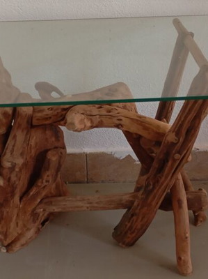 Handmade tables from roots and branches with glass top, new
