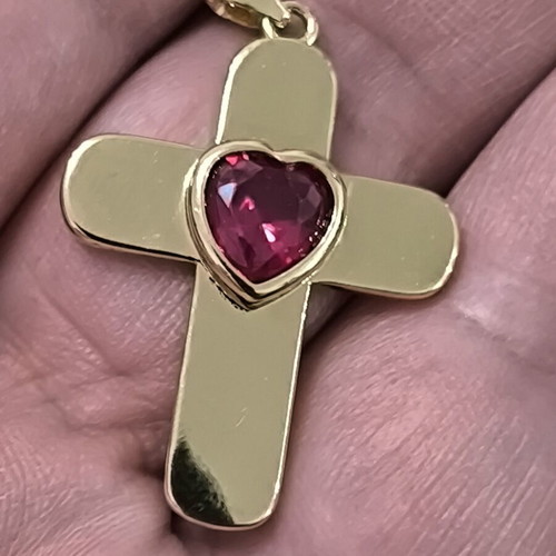 Gold-colored cross pendant with red heart stone, stainless steel, new