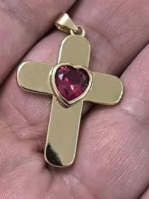 Gold-colored cross pendant with red heart stone, stainless steel, new