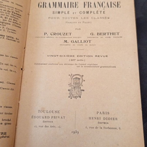 French Grammar Book 1939 used with moisture stain on cover