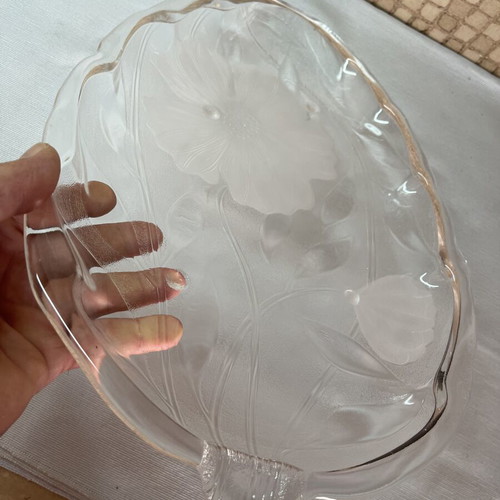 Vintage glass platter leaf-shaped with satin flowers XL used