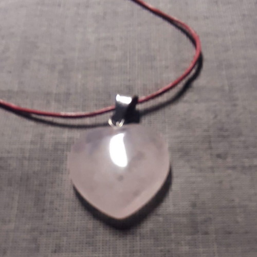 Elpida Necklace with Pink Quartz Heart, Leather and 925 Silver, New