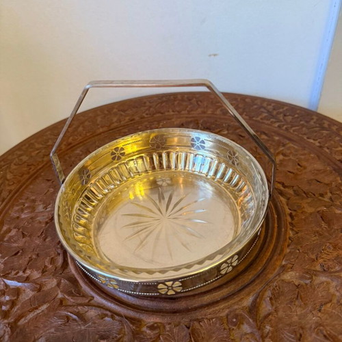 Vintage metal serving bowl with glass insert, like new, 1960s–1970s