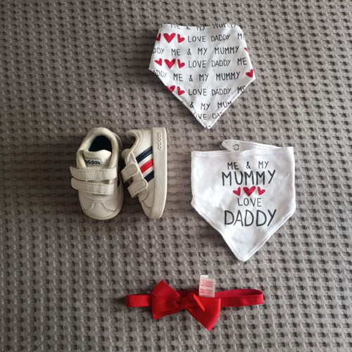 Adidas baby shoes size 18 with bibs and headband set