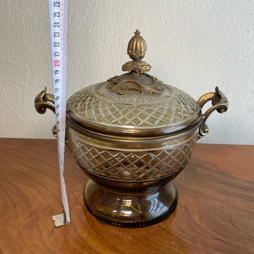 Vintage bronze fondue pot like new with engraved glass