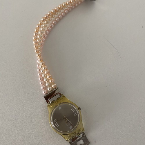 Swatch women's watch with pearl bracelet, new, beige, 16 cm