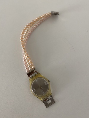 Swatch women's watch with pearl bracelet, new, beige, 16 cm