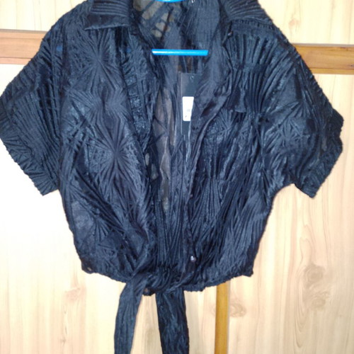 Jasmine short-sleeve blouse with embossed design and front tie, new, black, sizes S/M
