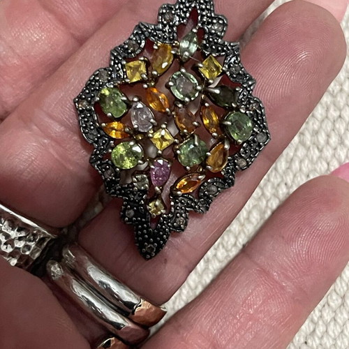 Pendant 925 silver gold 9K with diamonds and semi-precious stones used