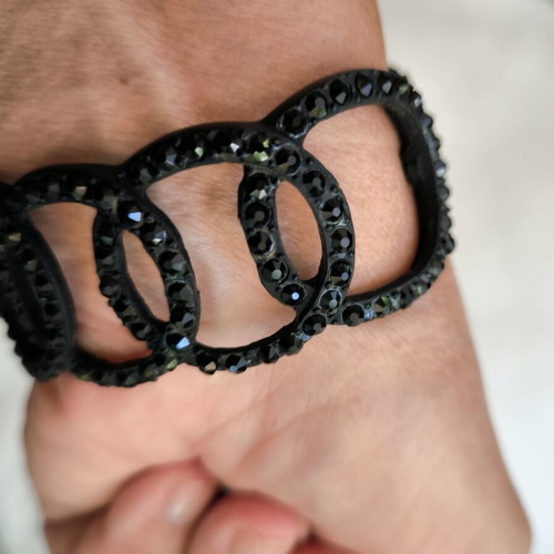 Cuff bracelet black steel with black rhinestones new