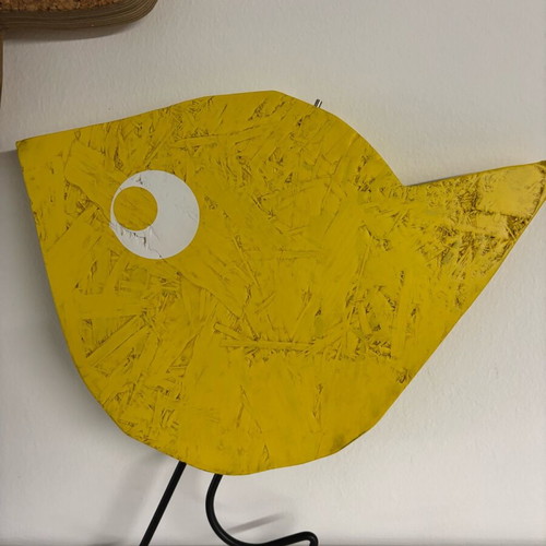 Decorative figures for kids' room new, cork mushroom and yellow wooden bird