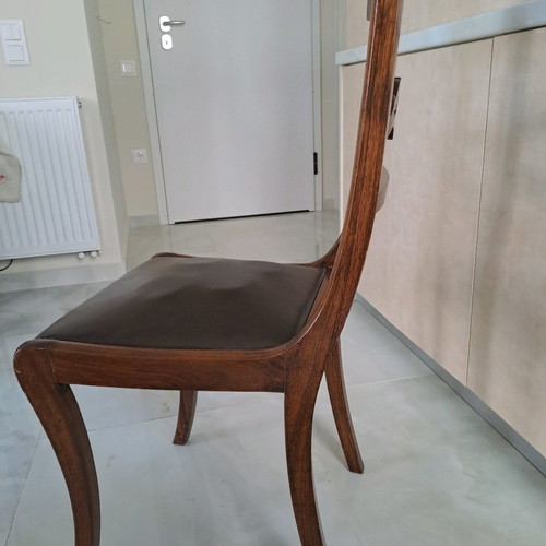 Dining chairs and armchairs used, handmade solid walnut set of 8, Corfu style with leather upholstery