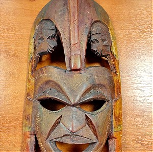 African Wood Carved Mask Hand Painted Ceremonial Tribal Tiki Decor Wall Hanging 24cm ύψος