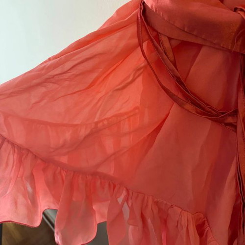 Coral one shoulder silk dress like new with ruffles and satin belt