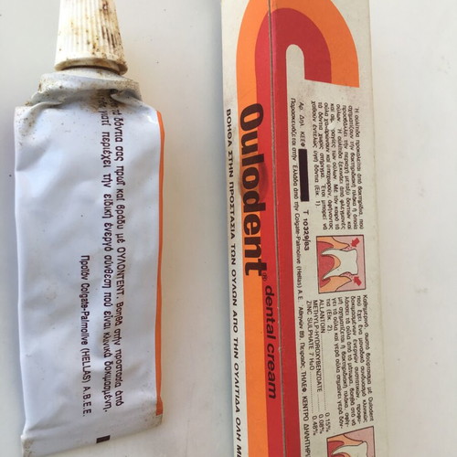 Old packaging of Kolynos, Colgate, Oulodent personal care items