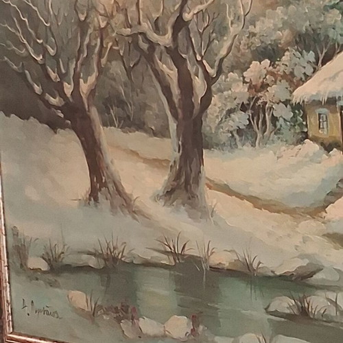 Signed A. Limnaios Winter Landscape Oil Painting on Canvas like new