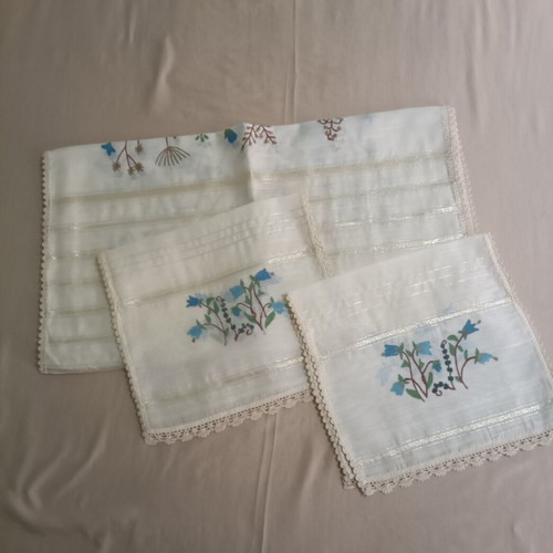 Handmade table linen set hand-painted with blue-ciel flowers like new