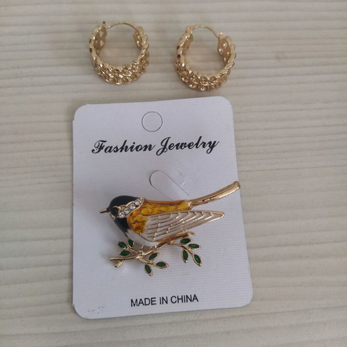 Jewelry set with earrings and brooch, gold tone