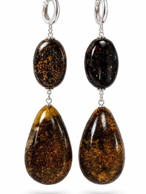 Long Black Amber Earrings with Fossil Inclusions, 925 Sterling Silver