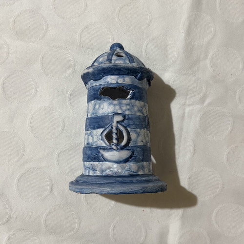 Small striped decorative lighthouse candle holder